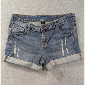 Ariya Jean Shorts SZ 13/14 Blue Distressed Cut Off Rolled Cuffs Whiskers
